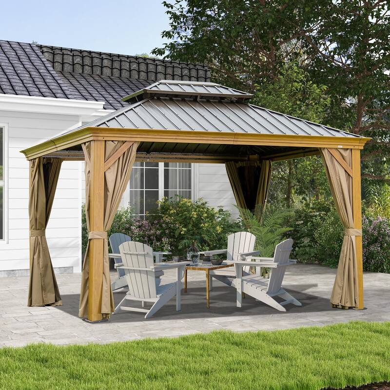 10'x14' Hardtop Wood Grain Gazebo with Galvanized Steel Roof, Aluminum Frame & Netting for Patio