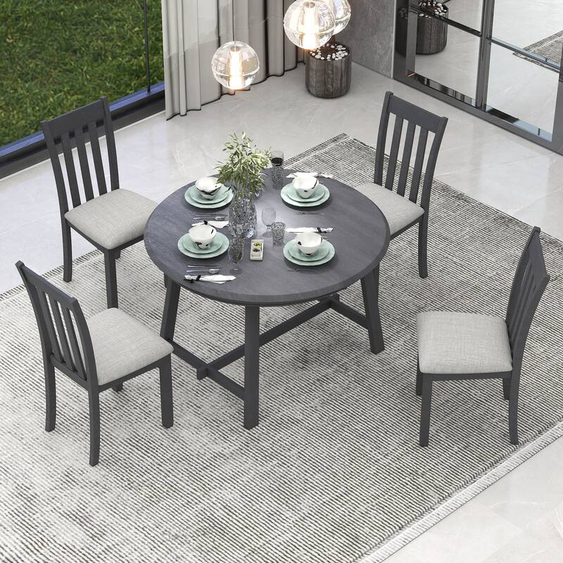 5Piece Wood Round Extendable Dining Table Set with 4 Chairs Bed Bath