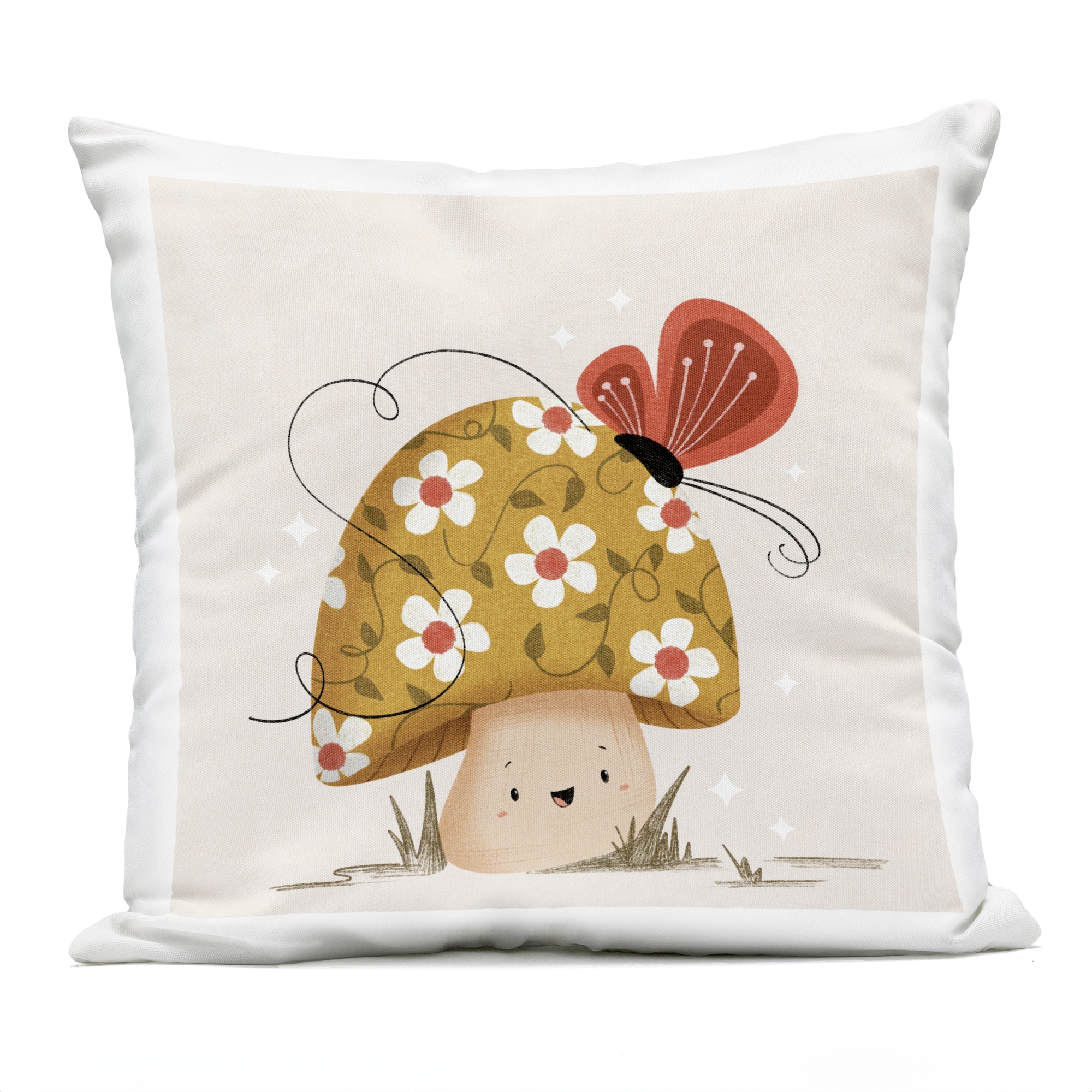 Stupell Happy Mushroom & Butterfly Printed Outdoor Throw Pillow Design by Sarah Hickman