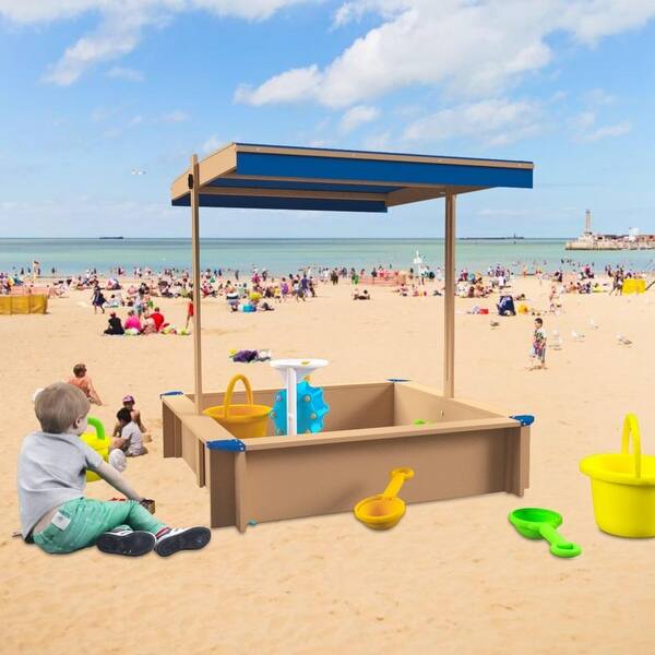 slide 2 of 8, Wooden Sandbox w/Adjustable Canopy,Children's Wooden Sandbox with Covers Orange - Kids