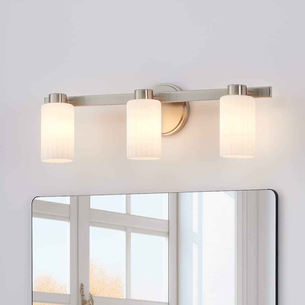 Thesis Bedminster 24-inch 3-light Brushed Nickel Vanity Light with Etched Opal Ribbed Glass Shades