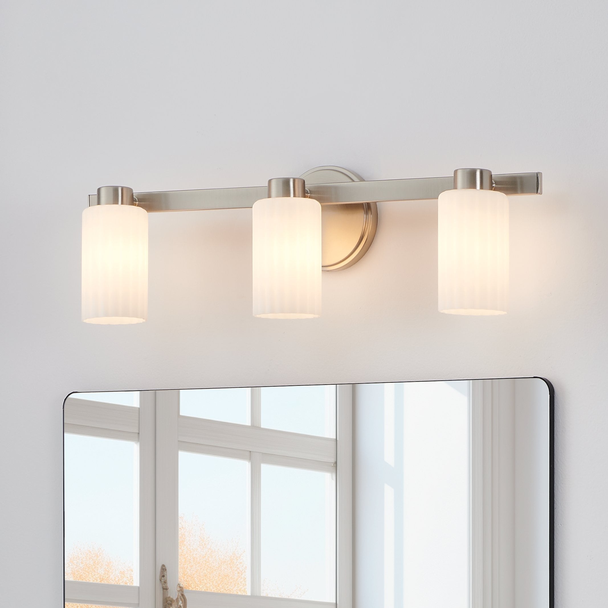 Thesis Bedminster 24-inch 3-light Brushed Nickel Vanity Light with Etched Opal Ribbed Glass Shades