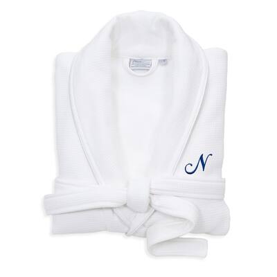 Authentic Hotel and Spa White Unisex Turkish Cotton Waffle Weave Terry Bath Robe with Navy Script Monogram