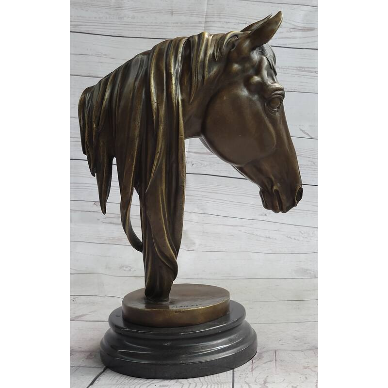 Horse Head Bust Equestrian Bronze Sculpture Statue Figure Decor On Marble Base Signed 13 Inches X 9 Inches