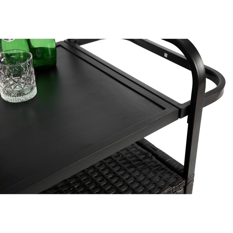 Outdoor Bar Table, Wicker Bar Cart with Cabinet, Patio Serving Cart with steel Top, with one ice bucket,Lockable Wheels