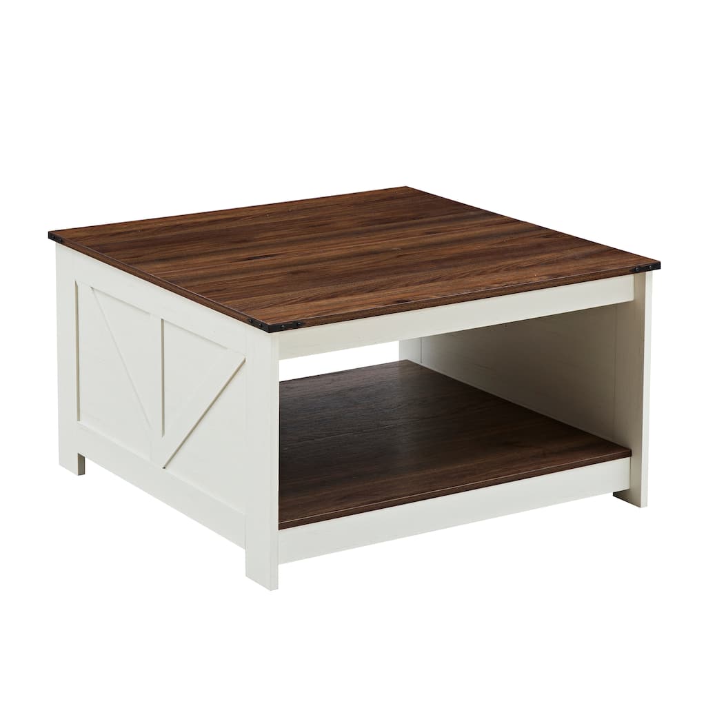Farmhouse Coffee Table 2-Tier Square Coffee Table with Semi-Open Storage Compartments and Waterproof Tabletop, for Living Room
