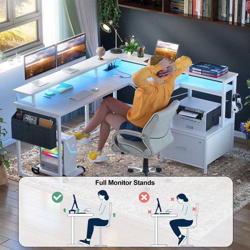 L Shaped Desk with File Drawer and Printer Stand, Reversible Corner Computer Desk with Power Outlet and LED Strip