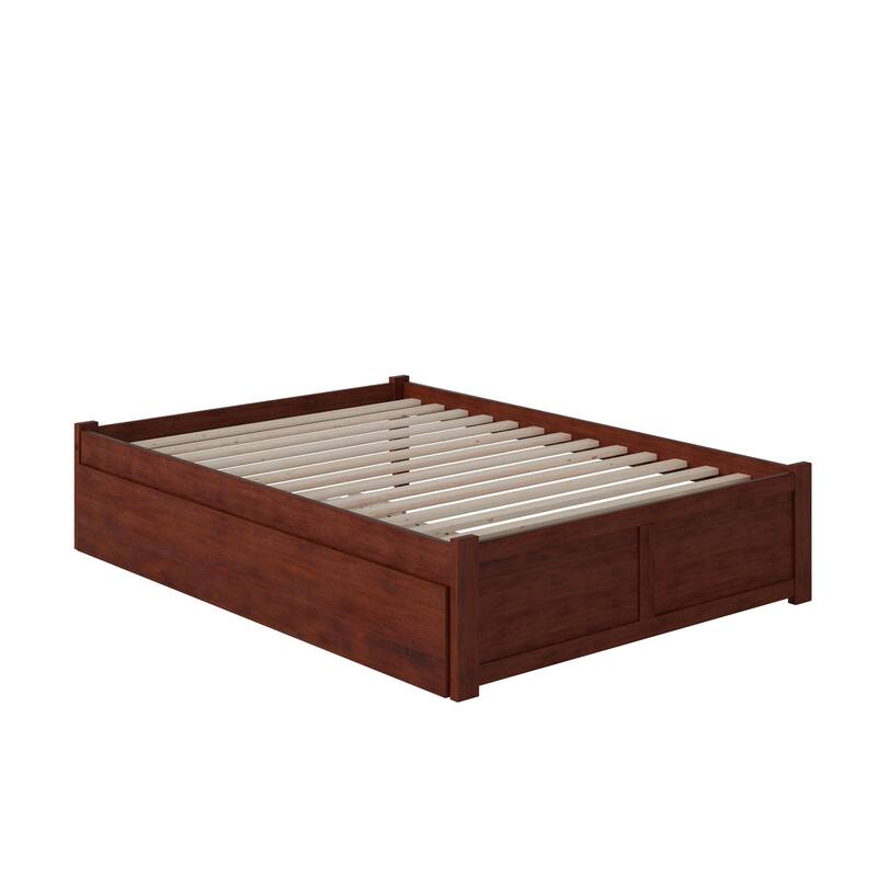 Full Platform Bed with Trundle - Twin Size, Walnut Finish - Modern & Simple Design
