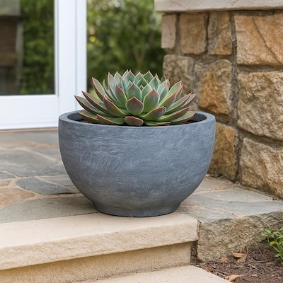 Grove Modern Round Fiberstone and MgO Clay Plant Pot with Drainage Holes for Indoor & Outdoor Home Office Yard Patio Decor