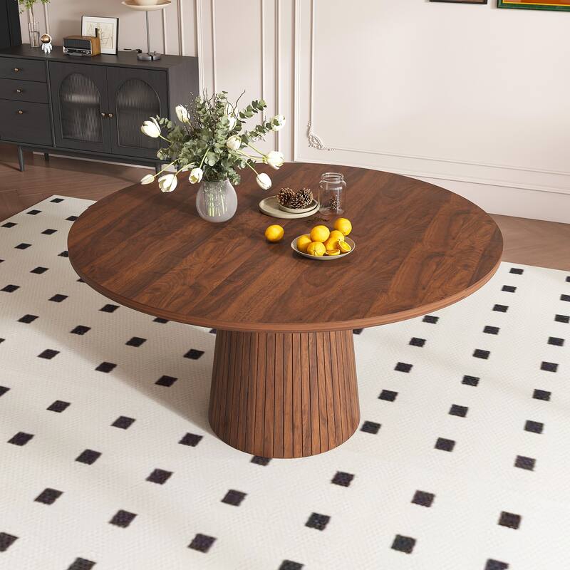 47 Inch Round MDF Dining Table for 4 - Modern Farmhouse Kitchen Table with Wood Strip Base