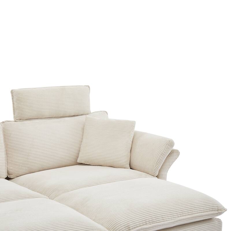 85.8'' Modern Corduroy Beige Sectional Sofa with Ottomans and Removable Headrests