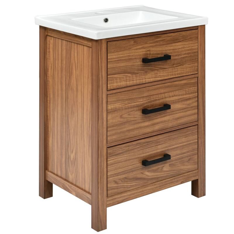 GDFStudio - Carrwood Modern Freestanding Double Bathroom Vanity Set with Single Ceramic Basin and Multi-Drawer Storage, Set of 2