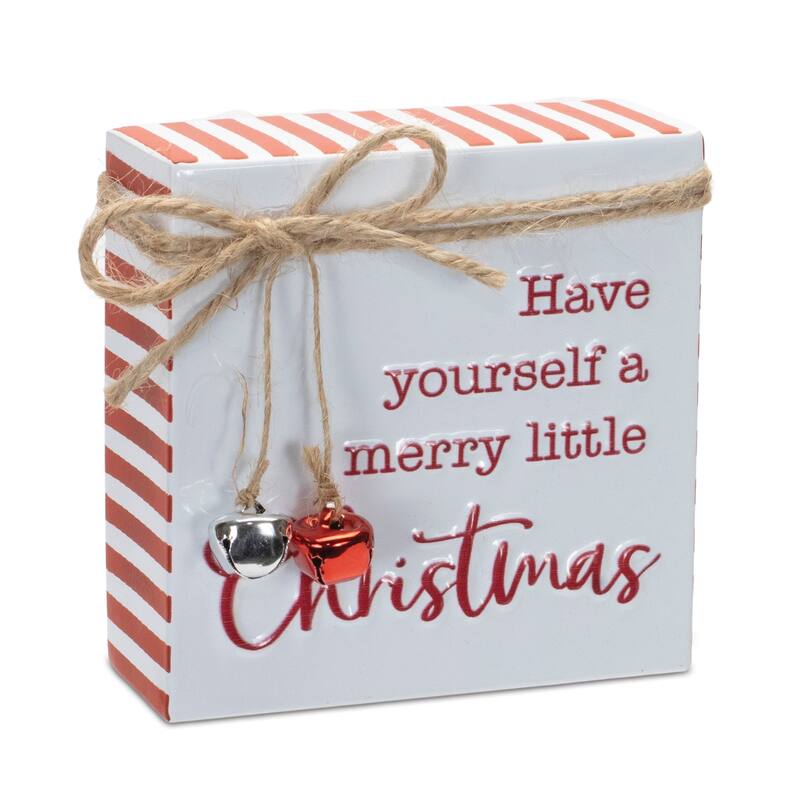 Set of 2 Red and White Metal Merry Christmas and Jolly Sign with Festive Sleigh Bell Accents - 4”L x 1.5”W x 4”H
