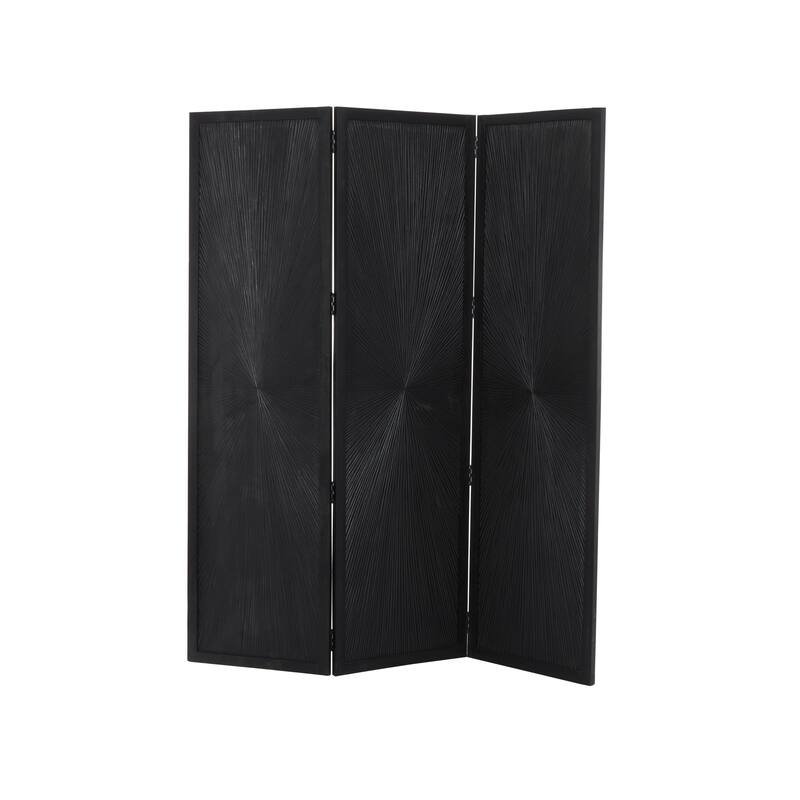 Mango Wood Hinged Foldable Partition 3 Panel Room Divider Screen with Carved Design - White or Black - Roche River Decor - Black