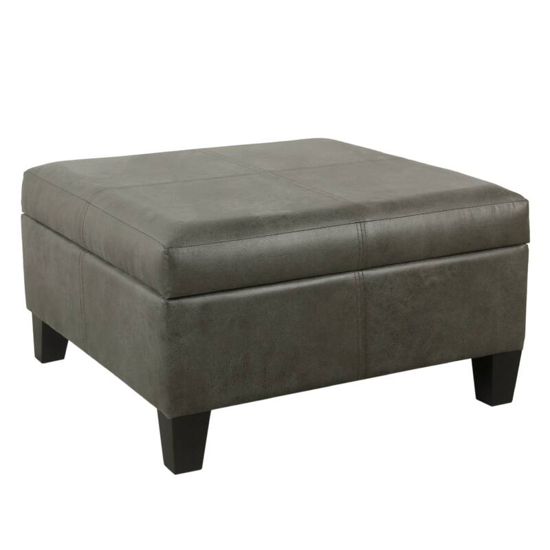 Leo Square Storage Ottoman with Plush Gray Faux Leather, 28 Inch