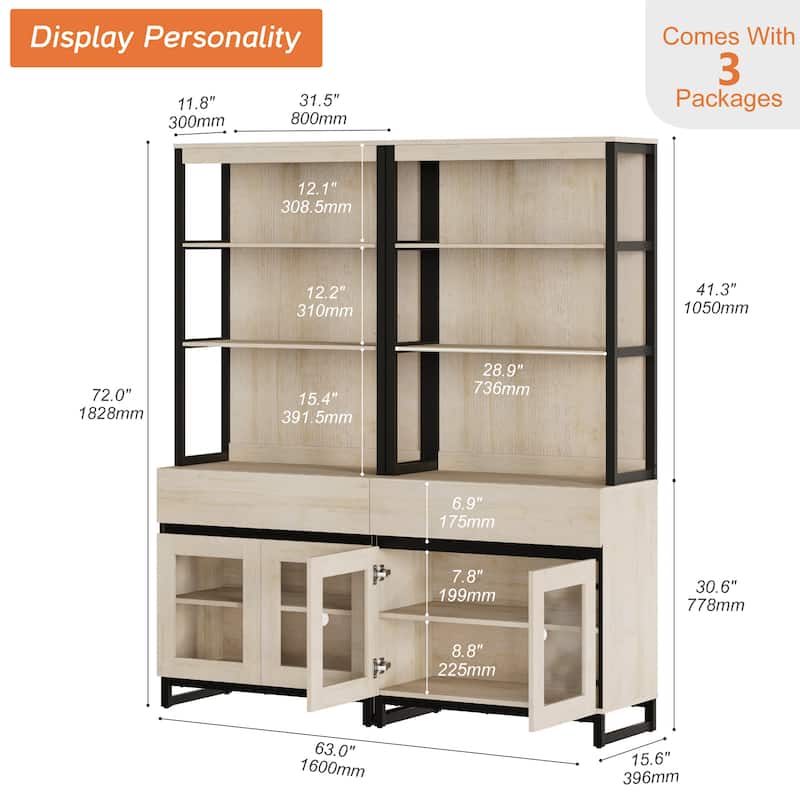 2 PCS Modern 72" Tall Bookcase with 2 Drawers and Open Book Shelfs for Home Office, Living room.