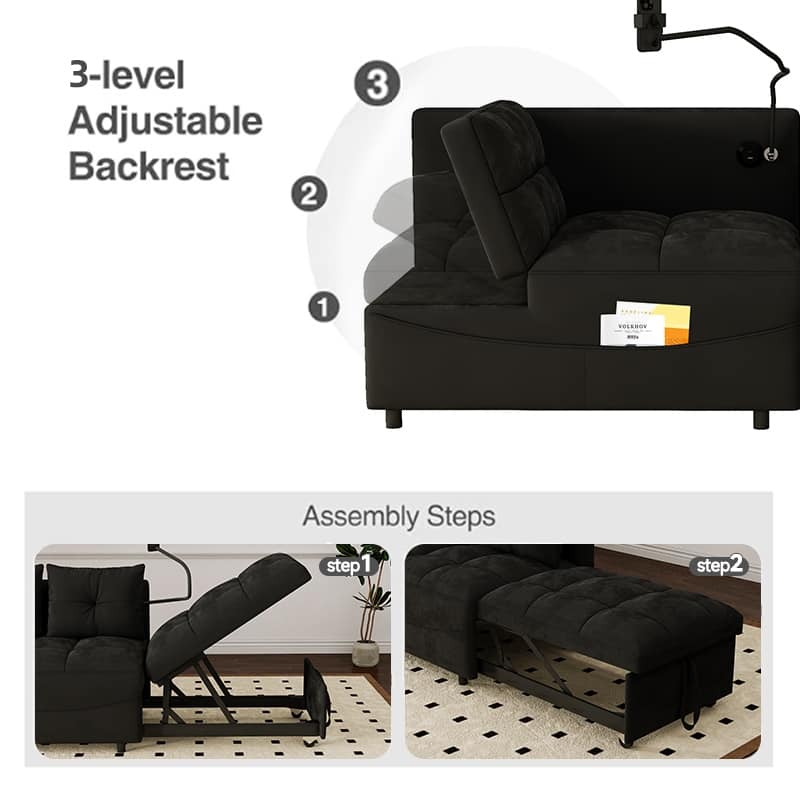 27.56" Velvet 2-Seater Sleeper Sofa Chair with USB Ports, Reclining Angles And Storage