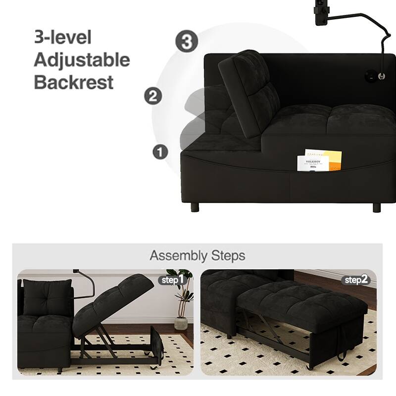 Velvet Pull-Out Bed Loveseat Sofa, Adjustable Back Tufted Futon Sofa with USB port and swivel Phone Stand, Pockets
