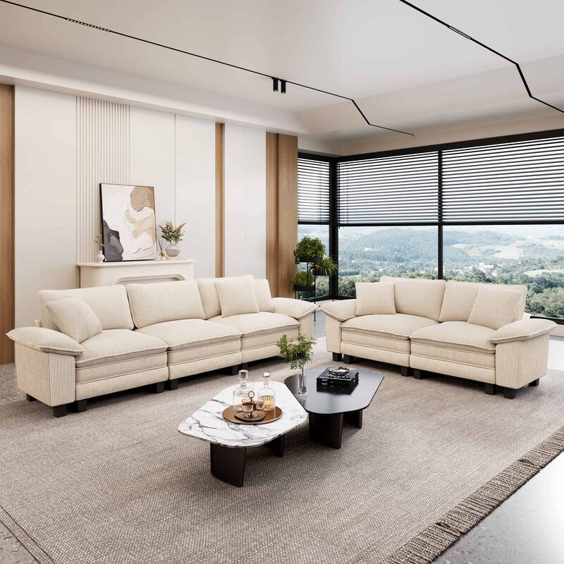 MAISON ARTS 2-Piece Chenille & Corduroy Sofa Set, Comfy 3/4/5-Seater Modular Loveseat & Armchair with Throw Pillows - Beige Corduroy(5 Pieces) - Left Facing