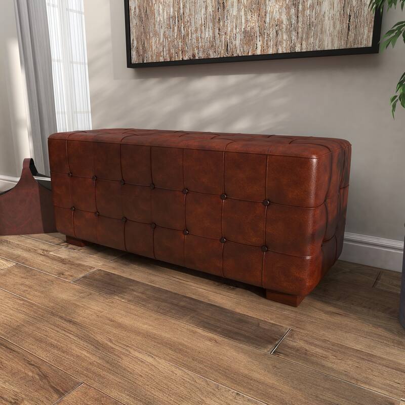 Brown Leather Tufted Upholstered Home Bench with Block Feet