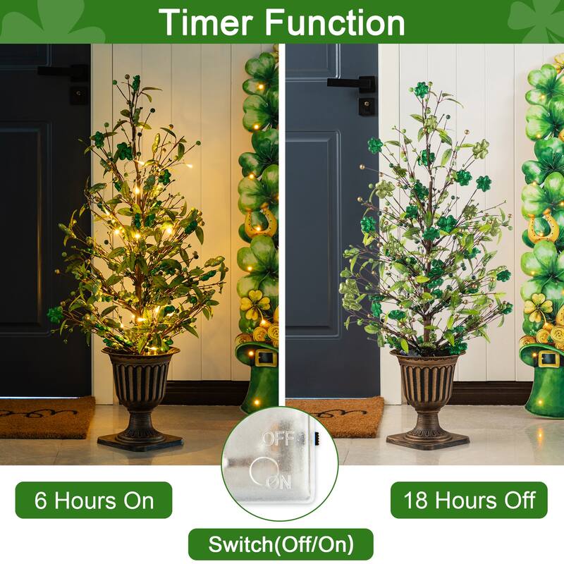 Glitzhome 36"H LED Lightd St. Patrick's Shamrock Urn Porch Tree with Timer