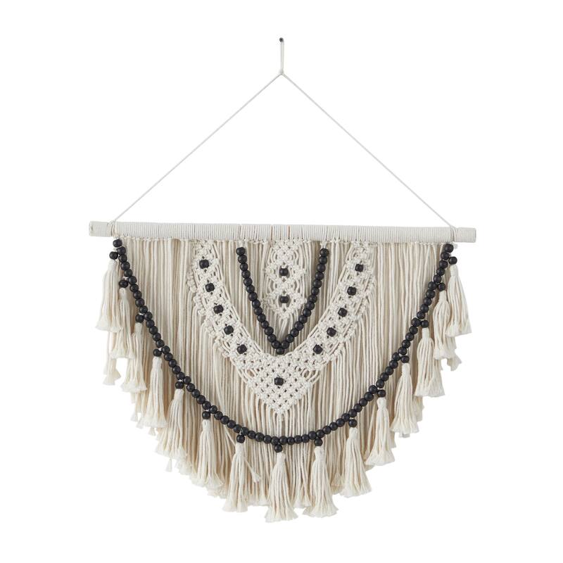 Cotton Fabric Macrame Handmade Woven Home Wall Decor with Black Beaded Accents - White - CosmoLiving by Cosmopolitan - White