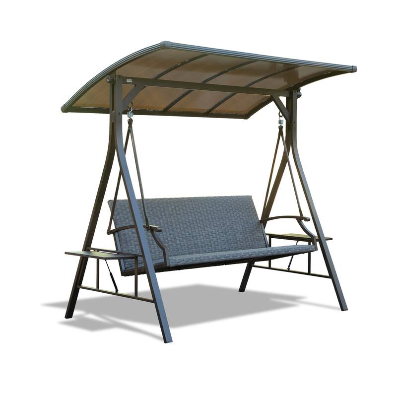 GDFStudio - Mason Outdoor 3-Seat Porch Swing with Hardtop Canopy and Built-In Side Table for Relaxed Backyard Living - Grey,Rattan