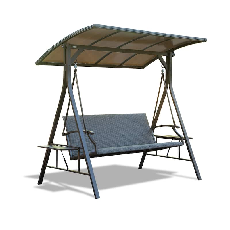 Wicker Patio Swing - 3-Seat Outdoor Swing with Polycarbonate Hardtop and Side Table (850lb Capacity)