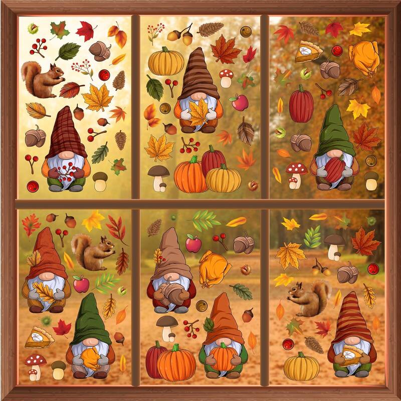 WALPLUS Autumn Leaves With Gnomes Thanksgiving Window Clings Window Decoration Double Sided Reusable Electrostatics PVC