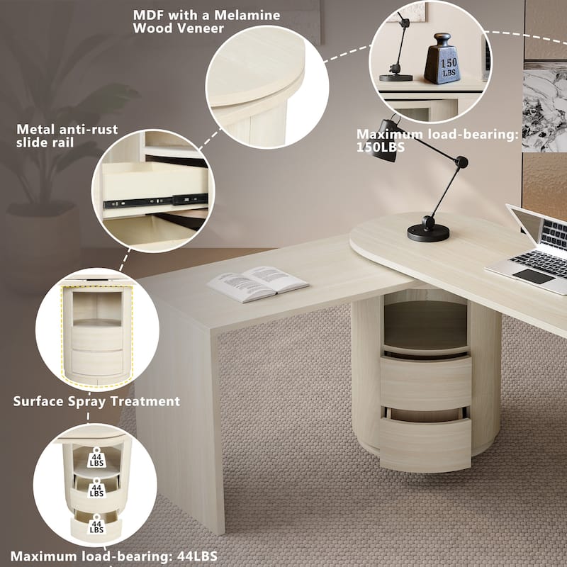 59"L Shaped Desk in Walnut with 2 Drawers,Open storage,360°Wood Rotating Desk,Executive Office Desk,Office Study Workstation