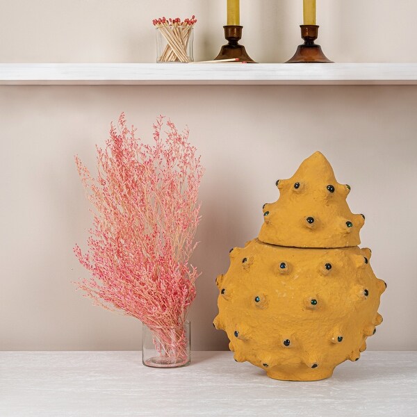 Paper Mache Canister, Rough Texture Body, Glass Marble Accent