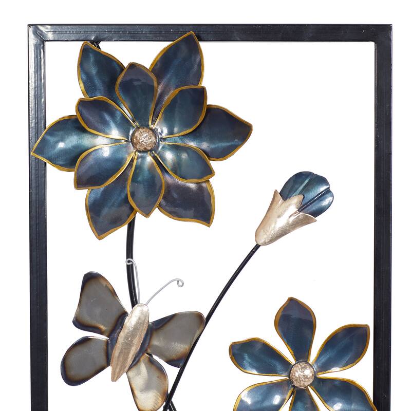 Teal Metal Floral Home Wall Decor with Black Frames and Butterfly Accents (Set of 2)
