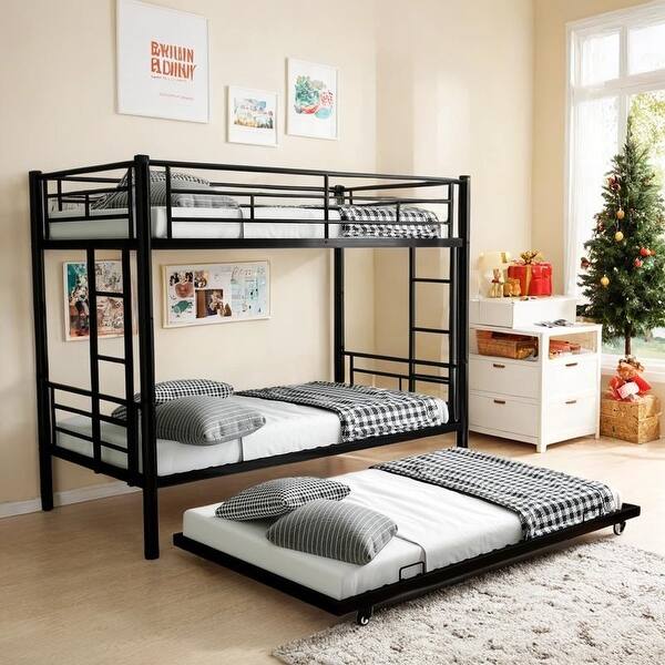 slide 2 of 27, Heavy-Duty Twin over Twin Bunk Bed with Trundle Black