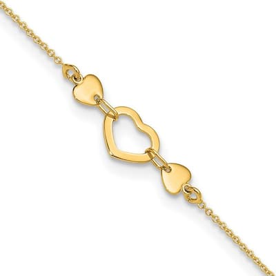 Curata Women's 14k Yellow Gold Polished Heart Anklet - 10 Inch