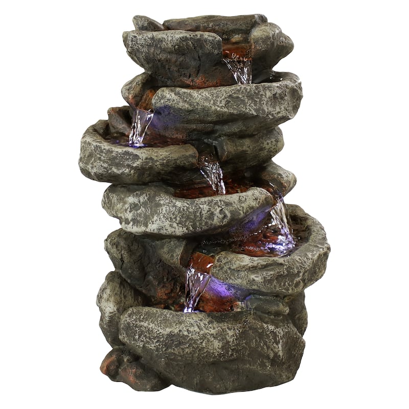 6 Tier Stone Falls Tabletop Indoor Water Fountain Feature w/ LED - 15"