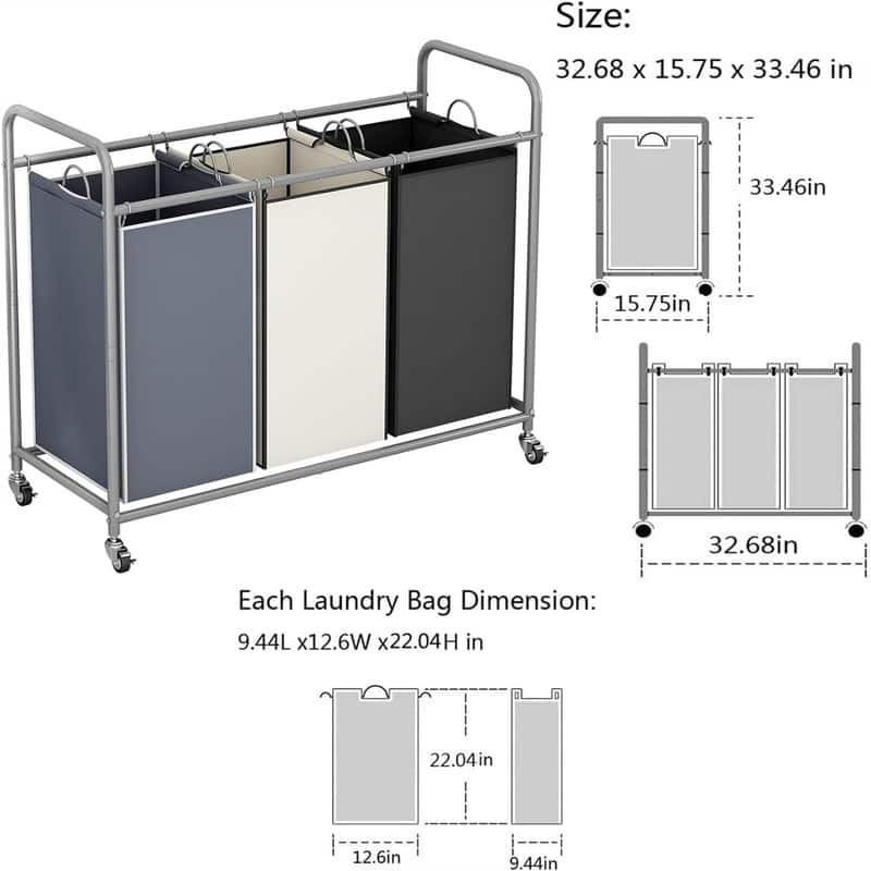 3Bag Laundry Basket Hamper Laundry - 33.46"L x 15.75"W x 32.68"H