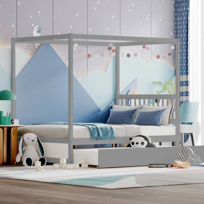 Full Size Canopy Bed with Trundle Wooden Platform Bed Frame Headboard