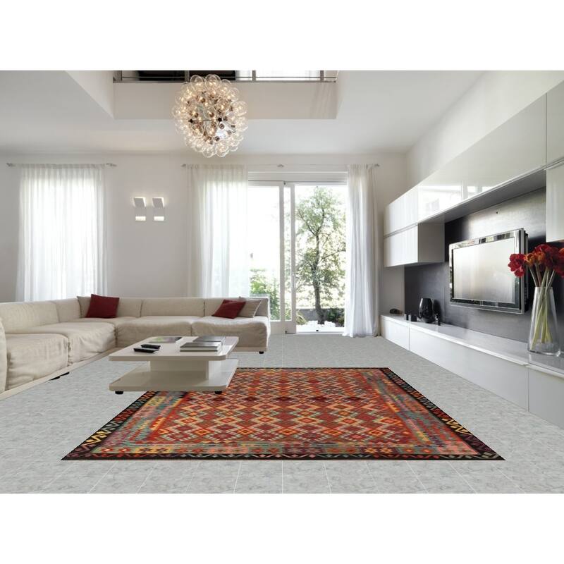 Trellis Kilim Oriental Area Rug Hand-Woven Reversible Wool Carpet - 9'11"x 12'8"