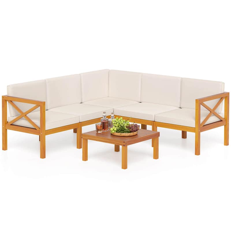 Gymax Set of 6 Acacia Wood Patio Furniture Set w/ Cushions & Coffee - Beige