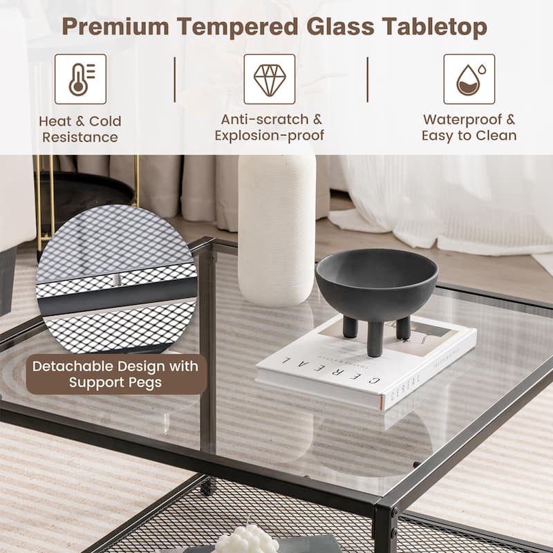 Costway Glass Coffee Table 27.5 Inch 2-Tier Square with Mesh Shelf - See Ddetails