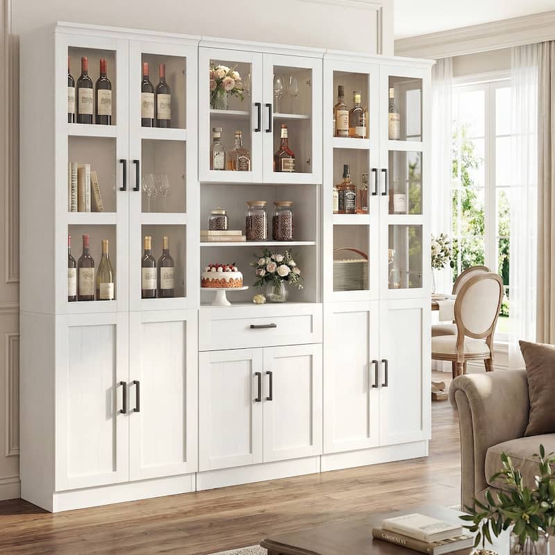 Set of 3 Freestanding Display Bookcase with Glass Doors & Adjustable Shelves & Drawer, for Living Room, Dining Room,Home Office.