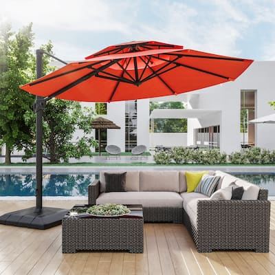 BONOSUKI 11Ft Double Top Aluminum Cantilever Patio Umbrella with Base for Patio Deck Garden, Red