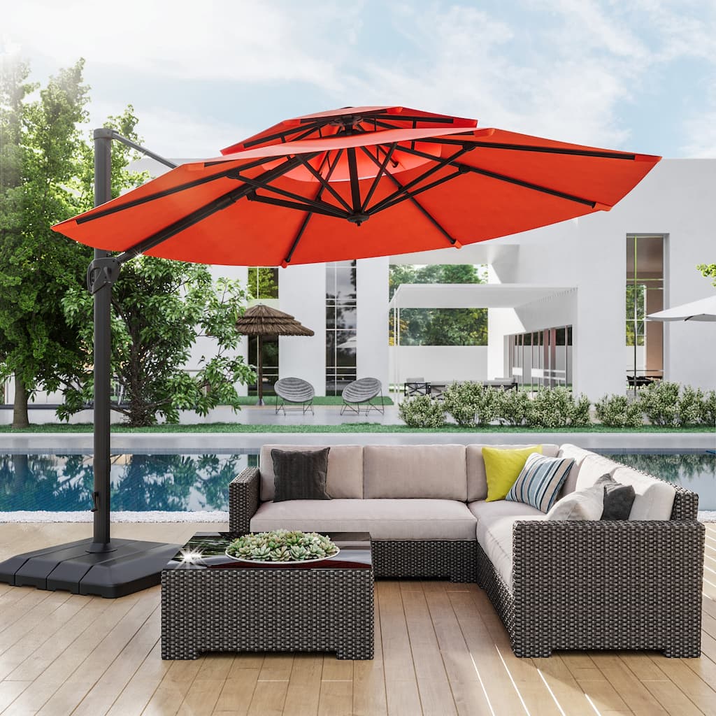 BONOSUKI 11Ft Double Top Aluminum Cantilever Patio Umbrella with Base for Patio Deck Garden, Red