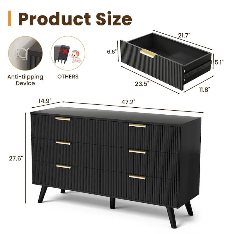 Meyreso Modern Boho Wave Wood Dresser, Wide Storage Cabinet