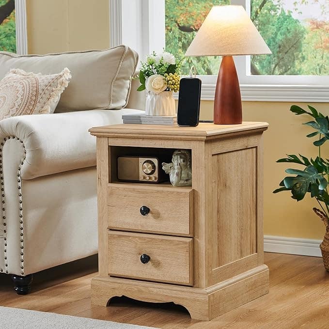 Vintage Wood Nightstand with Charging Station, End Table, Side Table - Natural Oak
