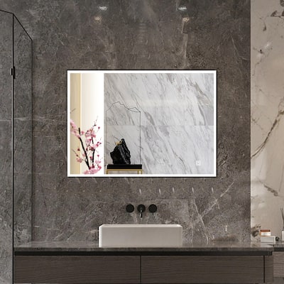 27.55 in. W x 39.37 in. H Rectangular Silver White Framed Dimmable Anti-Fog Wall Mounted Bathroom Vanity Mirror