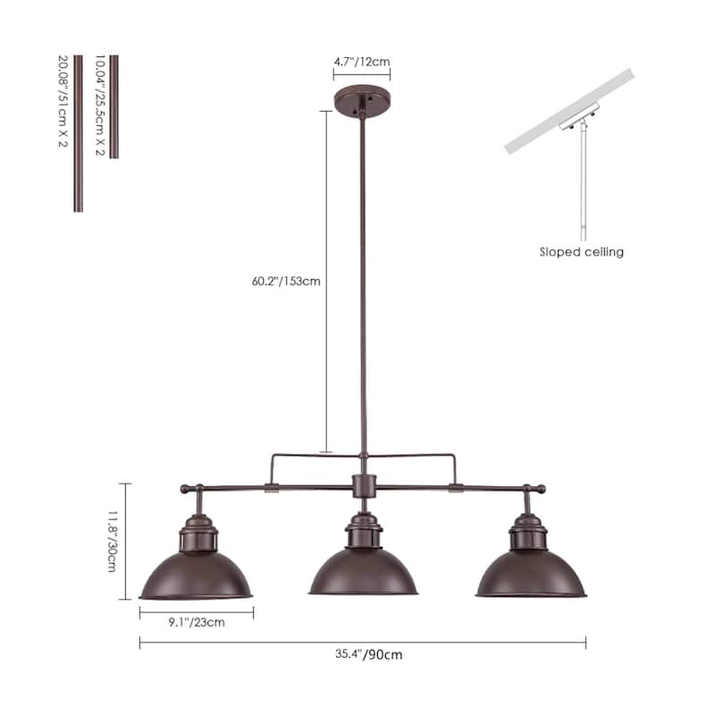 3-Light Industrial Farmhouse Dome Pendant Metal Linear Kitchen Island Pendant Light Oil Rubbed Bronze Finish - N/A