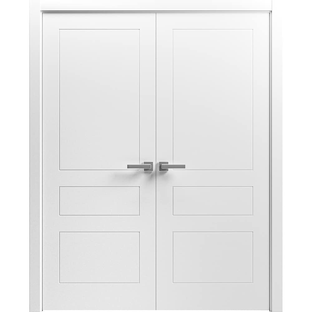 Interior Solid French Double Doors / Mela 0733 Painted White / Wood Interior Solid Panel Frame / Closet Bedroom Modern Doors