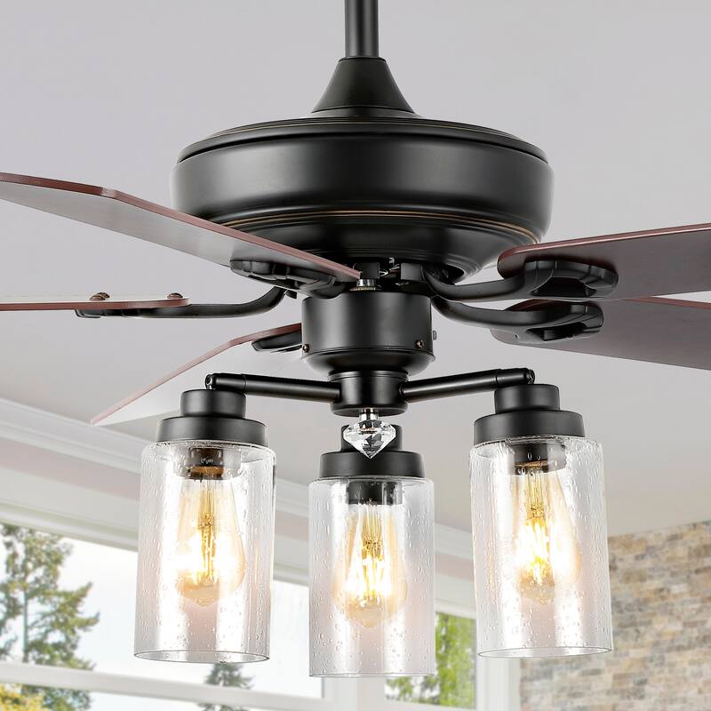 Erin 52" 3-Light Rustic Industrial Iron/Wood/Seeded Glass Mobile-App/Remote-Controlled LED Ceiling Fan, by JONATHAN Y