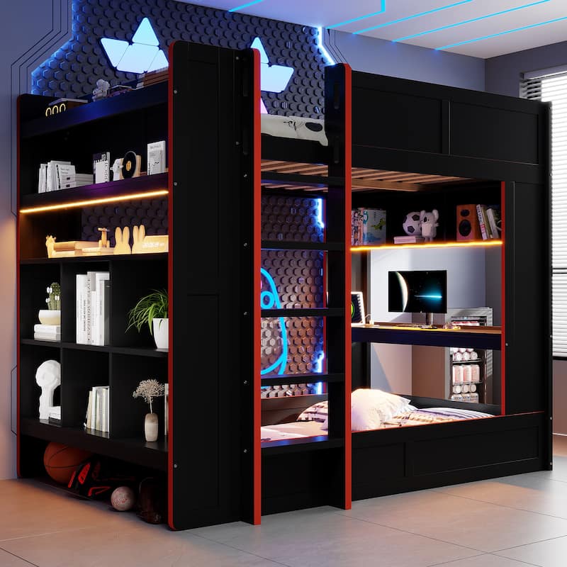 Black Bunk Bed Full Size Wood Gaming Bunk Bed Frame with Desk, Storage Shelves, LED and Charging Station, Full over Full Bed - Black - Full